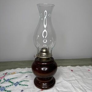 Vintage Hurricane Oil Lamp Dark Wood Base Glass Chimney 14.5" Primitive Decor